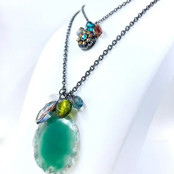 NWOT – Lane Bryant – Green Quartz Beaded Locket Gunmetal Tone 24” Necklace - Picture 4 of 10